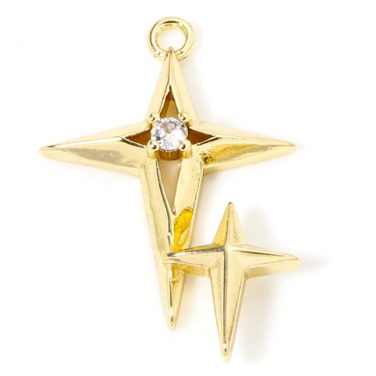 Immagine di 2 PCs Eco-friendly Brass Galaxy Charms 14K Real Gold Plated Star Hollow Clear Cubic Zirconia 22mm x 15mm