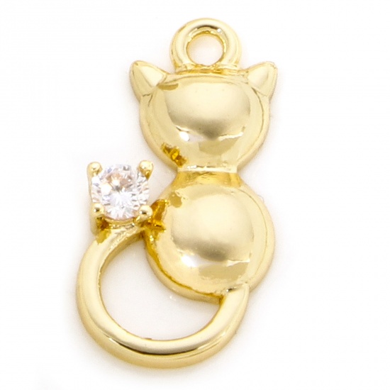 Picture of 1 Piece Eco-friendly Brass Charms 14K Real Gold Plated Cat Animal Clear Cubic Zirconia 17mm x 8mm