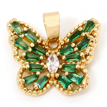 Picture of Brass Insect Charm Pendant Gold Plated Butterfly Animal Hollow Multicolor Rhinestone 16mm x 16mm