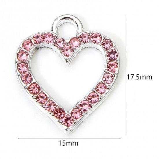 Image de 10 Pcs Breloques La Saint Valentin en Alliage de Zinc Argent Mat Cœur à Strass Rose Micro Pave 17.5mm x 15mm