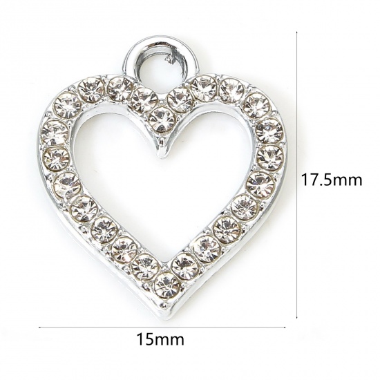 Image de 10 Pcs Breloques La Saint Valentin en Alliage de Zinc Argent Mat Cœur à Strass Transparent Micro Pave 17.5mm x 15mm