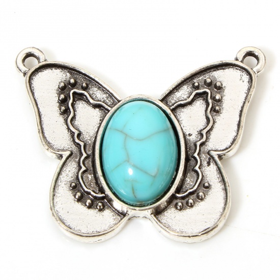 Picture of 5 PCs Zinc Based Alloy Boho Chic Bohemia Pendants Antique Silver Color Butterfly Animal With Resin Cabochons Imitation Turquoise 3.3cm x 2.7cm