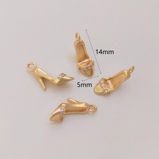 Picture of 1 Piece Eco-friendly Brass Clothes Charms 18K Real Gold Plated High-heeled Shoes 3D Clear Cubic Zirconia 14mm x 5mm