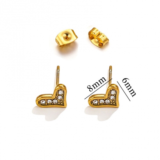 Immagine di 1 Paio Placcatura Sottovuoto 304 Acciaio Inossidabile Orecchini a Perno Oro Placcato Cuore Micro Spianare Trasparente Strass 8mm x 6mm, Posta / Filo Dimensione: (20 misura)