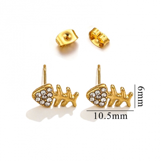 Immagine di 1 Paio Placcatura Sottovuoto 304 Acciaio Inossidabile Orecchini a Perno Oro Placcato Osso di Pesce Micro Spianare Trasparente Strass 10.5mm x 6mm, Posta / Filo Dimensione: (20 misura)