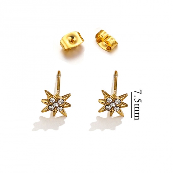 Immagine di 1 Paio Placcatura Sottovuoto 304 Acciaio Inossidabile Orecchini a Perno Oro Placcato Stella a Sei Punte Micro Spianare Trasparente Strass 7.5mm Dia., Posta / Filo Dimensione: (20 misura)