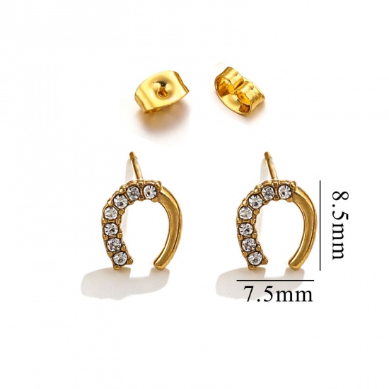 Immagine di 1 Paio Placcatura Sottovuoto 304 Acciaio Inossidabile Orecchini a Perno Oro Placcato A Forma di U Micro Spianare Trasparente Strass 8.5mm x 7.5mm, Posta / Filo Dimensione: (20 misura)