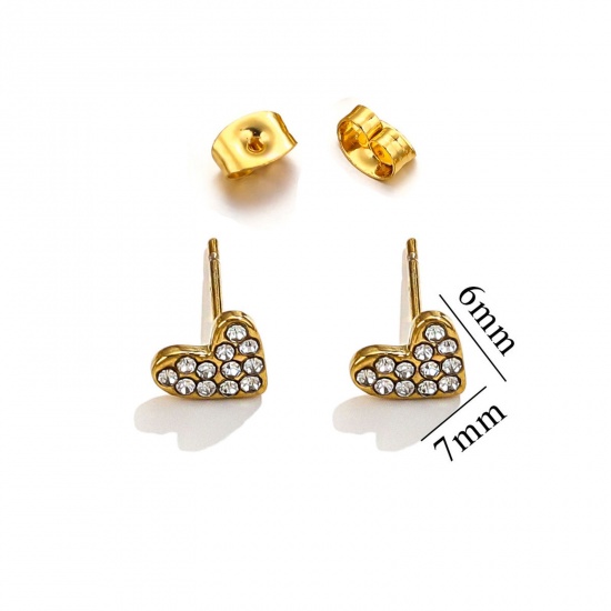 Immagine di 1 Paio Placcatura Sottovuoto 304 Acciaio Inossidabile Orecchini a Perno Oro Placcato Cuore Micro Spianare Trasparente Strass 7mm x 6mm, Posta / Filo Dimensione: (20 misura)