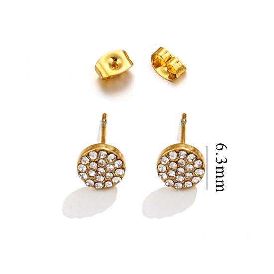 Immagine di 1 Paio Placcatura Sottovuoto 304 Acciaio Inossidabile Orecchini a Perno Oro Placcato Tondo Micro Spianare Trasparente Strass 6.3mm Dia., Posta / Filo Dimensione: (20 misura)