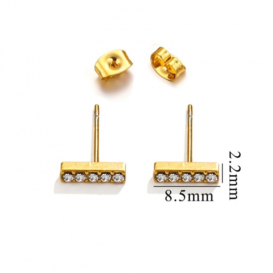 Immagine di 1 Paio Placcatura Sottovuoto 304 Acciaio Inossidabile Orecchini a Perno Oro Placcato Rettangolo Micro Spianare Trasparente Strass 8.5mm x 2.2mm, Posta / Filo Dimensione: (20 misura)