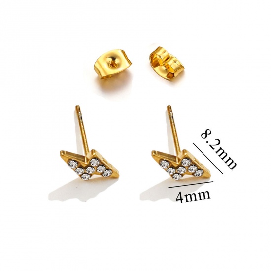 Immagine di 1 Paio Placcatura Sottovuoto 304 Acciaio Inossidabile Orecchini a Perno Oro Placcato Lampo Micro Spianare Trasparente Strass 8.2mm x 4mm, Posta / Filo Dimensione: (20 misura)