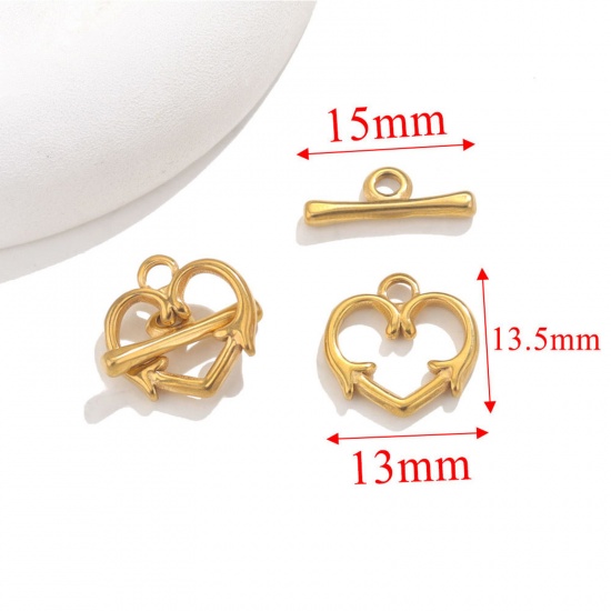 Picture of 1 Set Vacuum Plating 304 Stainless Steel Toggle Clasps Heart Gold Plated 13mm x 13.5mm