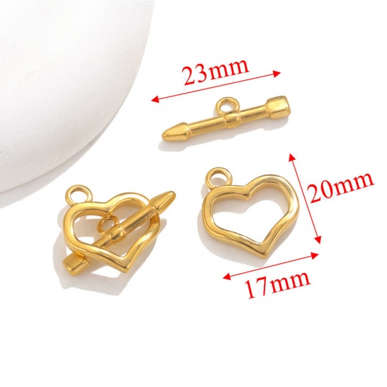 Picture of 1 Set Vacuum Plating 304 Stainless Steel Toggle Clasps Heart Gold Plated 17mm x 20mm