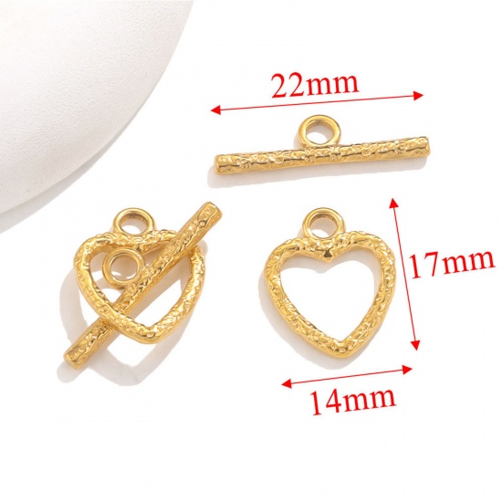 Picture of 1 Set Vacuum Plating 304 Stainless Steel Toggle Clasps Heart Gold Plated 14mm x 17mm