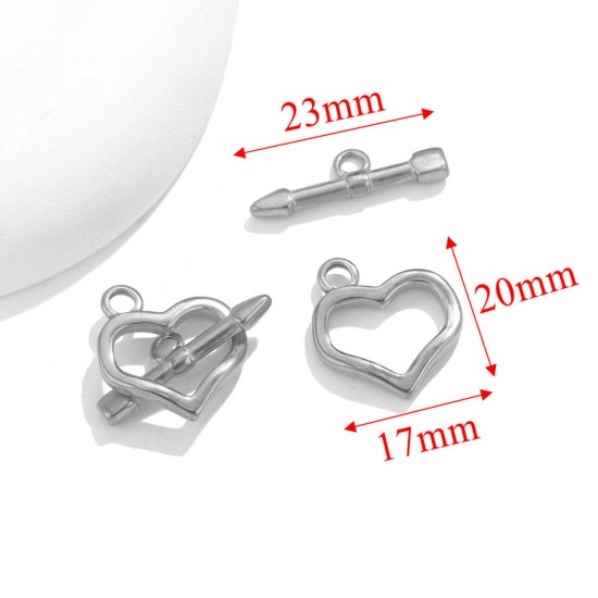 Picture of 1 Set 304 Stainless Steel Toggle Clasps Heart Silver Tone 17mm x 20mm