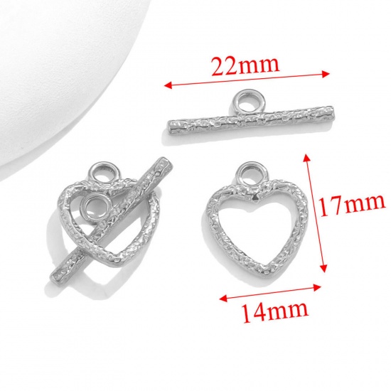 Picture of 1 Set 304 Stainless Steel Toggle Clasps Heart Silver Tone 14mm x 17mm