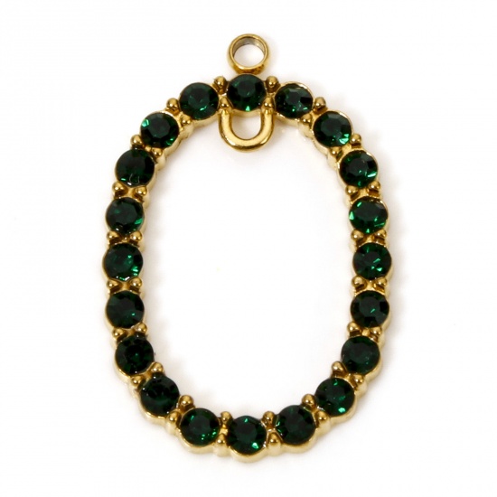 Immagine di 1 Pz Placcatura Sottovuoto 304 Acciaio Inossidabile Ciondoli Pendenti Ovale Placcato Oro 18K Verde Scuro Strass 24mm x 16mm