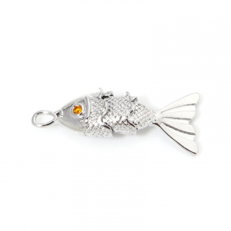 Picture of 1 Piece Eco-friendly Brass Ocean Jewelry Charms Real Platinum Plated Fish Animal 3D Movable Orange-red Cubic Zirconia 22mm x 6mm