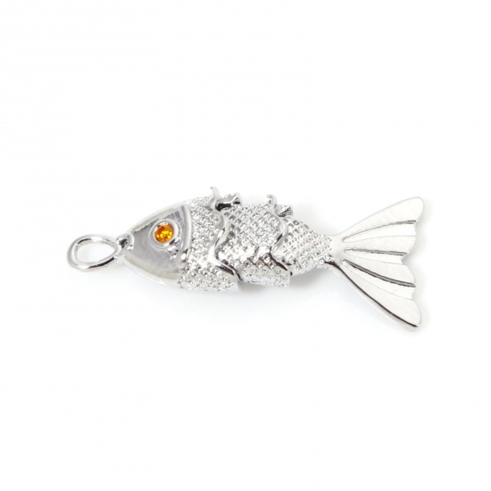 Picture of 1 Piece Brass Charms Platinum Plated Fish Animal Orange Cubic Zirconia 22mm x 6mm