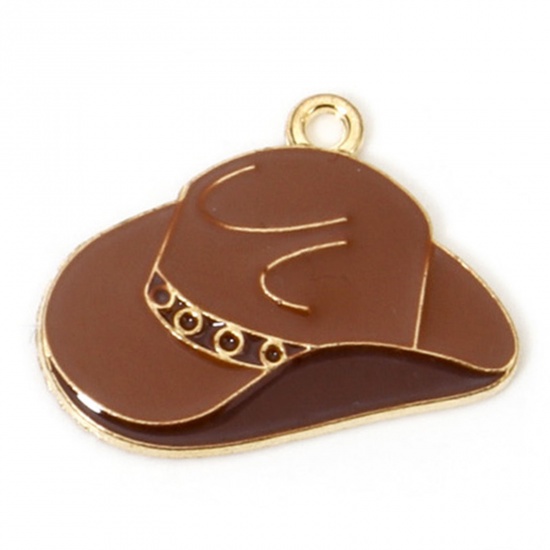 Immagine di 10 Pz Lega di Zinco Cowboy dell'Ovest Ciondoli Oro Placcato Colore del Caffè Cappello Smalto 26mm x 21mm