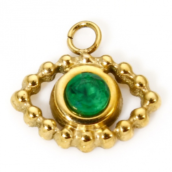 Picture of 1 Piece Vacuum Plating 304 Stainless Steel Religious Charms Gold Plated Evil Eye Green Rhinestone 10.5mm x 9.5mm