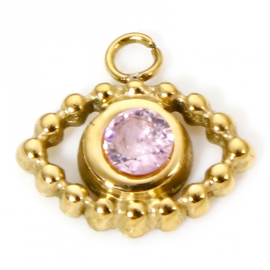 Picture of 1 Piece Vacuum Plating 304 Stainless Steel Religious Charms Gold Plated Evil Eye Mauve Rhinestone 10.5mm x 9.5mm