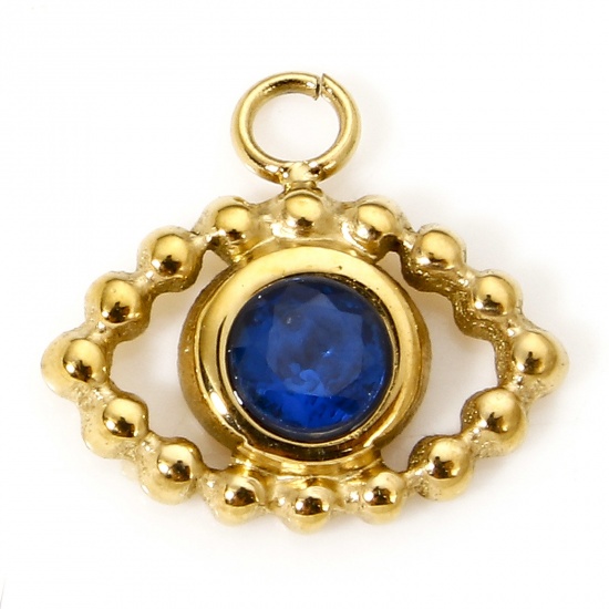 Picture of 1 Piece Vacuum Plating 304 Stainless Steel Religious Charms Gold Plated Evil Eye Blue Rhinestone 10.5mm x 9.5mm