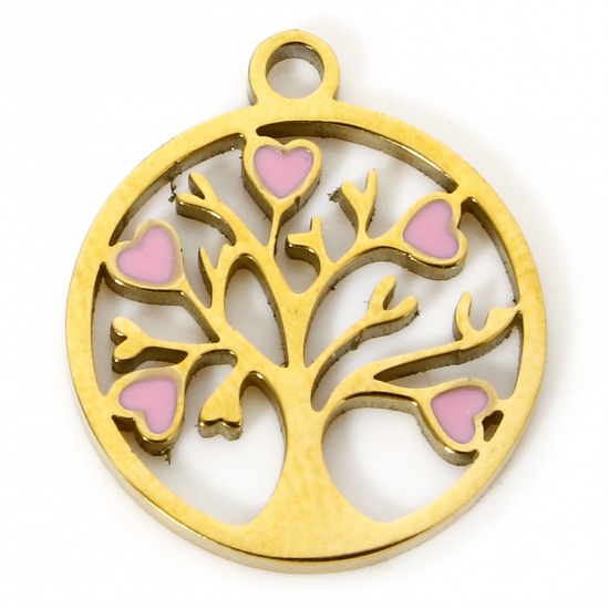 Picture of 1 Piece Vacuum Plating 304 Stainless Steel Religious Charms Gold Plated Pink Circle Ring Tree of Life Enamel 17.5mm x 15mm