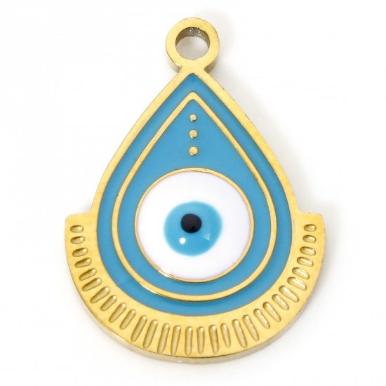 Picture of 1 Piece Vacuum Plating 304 Stainless Steel Religious Charms Gold Plated White & Blue Drop Evil Eye Enamel 17.5mm x 12.5mm