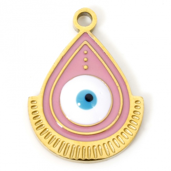 Picture of 1 Piece Vacuum Plating 304 Stainless Steel Religious Charms Gold Plated White & Pink Drop Evil Eye Enamel 17.5mm x 12.5mm