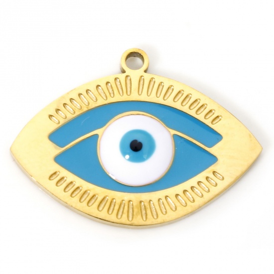 Picture of 1 Piece Vacuum Plating 304 Stainless Steel Religious Charms Gold Plated White & Blue Evil Eye Enamel 20mm x 14.5mm