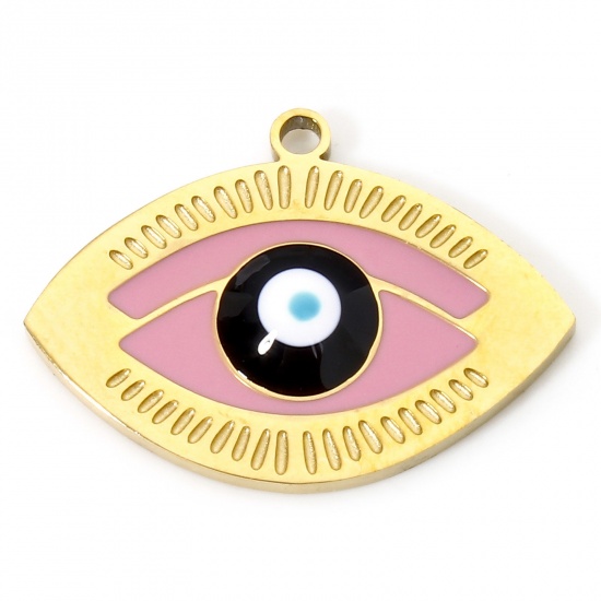 Picture of 1 Piece Vacuum Plating 304 Stainless Steel Religious Charms Gold Plated Black & Pink Evil Eye Enamel 20mm x 14.5mm