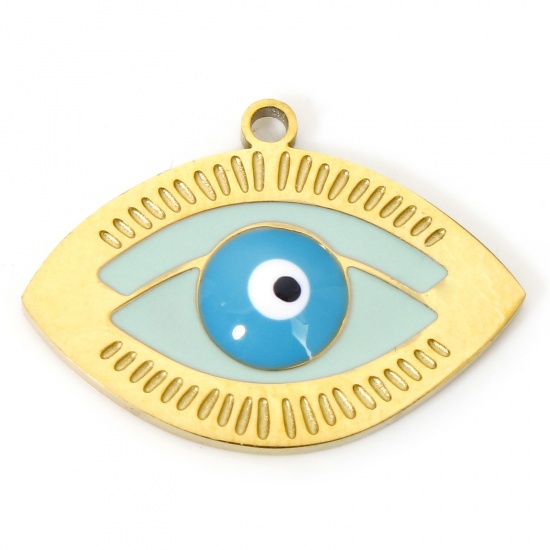 Picture of 1 Piece Vacuum Plating 304 Stainless Steel Religious Charms Gold Plated Light Blue & Green Evil Eye Enamel 20mm x 14.5mm