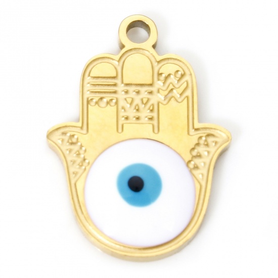 Picture of 1 Piece Vacuum Plating 304 Stainless Steel Religious Charms Gold Plated White Hamsa Symbol Hand Eye Enamel 17.5mm x 12.5mm