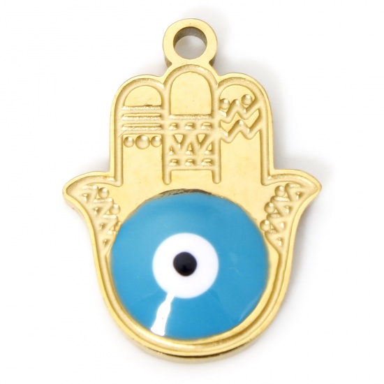 Picture of 1 Piece Vacuum Plating 304 Stainless Steel Religious Charms Gold Plated Blue Hamsa Symbol Hand Eye Enamel 17.5mm x 12.5mm