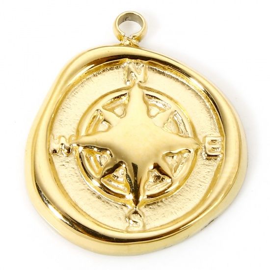 Picture of 1 Piece Vacuum Plating 304 Stainless Steel Galaxy Charms Gold Plated Round Eight Pointed Star 17.5mm x 15.5mm