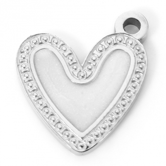 Picture of 1 Piece Eco-friendly 304 Stainless Steel Valentine's Day Charms Silver Tone White Heart Enamel 12mm x 11mm