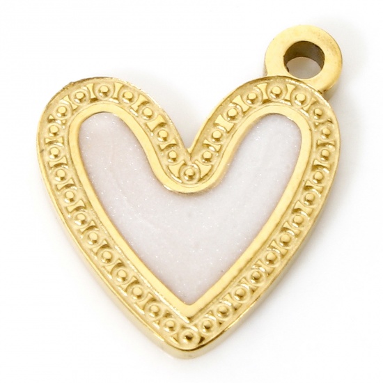Picture of 1 Piece Vacuum Plating 304 Stainless Steel Valentine's Day Charms Gold Plated White Heart Enamel 12mm x 11mm