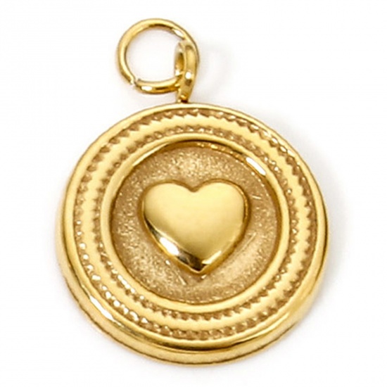 Picture of 1 Piece Vacuum Plating 304 Stainless Steel Valentine's Day Charms Gold Plated Round Heart 15mm x 12.5mm