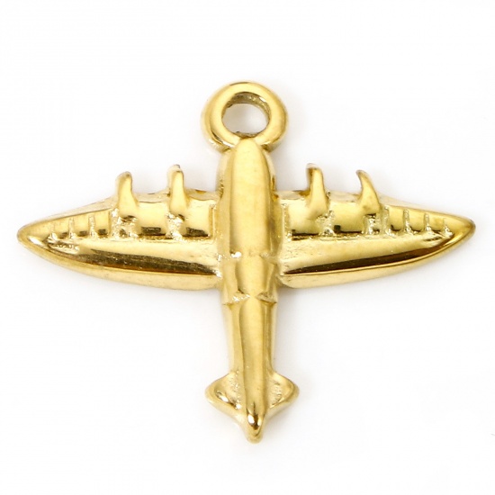 Picture of 1 Piece Vacuum Plating 304 Stainless Steel Exquisite Charms Gold Plated Airplane 14.5mm x 12mm