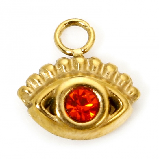 Picture of 1 Piece Vacuum Plating 304 Stainless Steel Exquisite Charms Gold Plated Eye Orange-red Rhinestone 8mm x 7.5mm