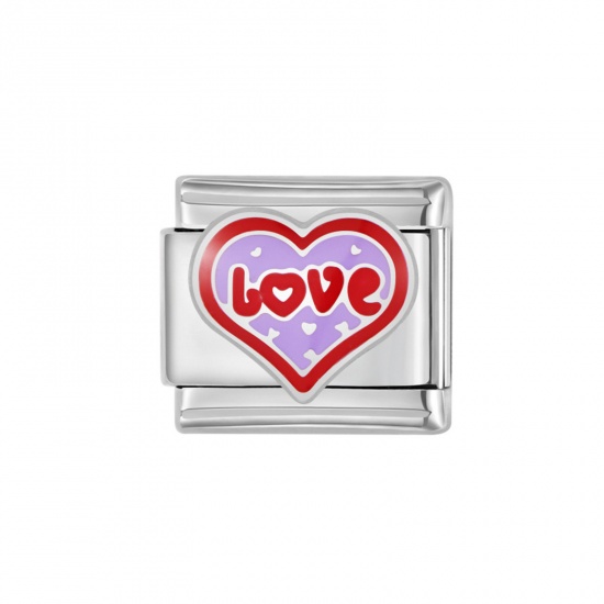 Picture of 1 Piece 304 Stainless Steel Italian Charm Links For DIY Bracelet Jewelry Making Silver Tone Rectangle Love Symbol Enamel 10mm x 9mm