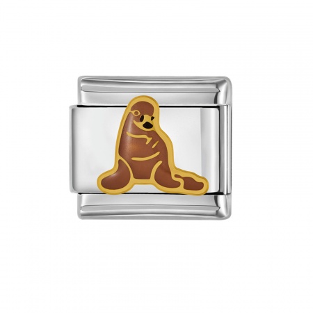 Picture of 1 Piece 304 Stainless Steel Italian Charm Links For DIY Bracelet Jewelry Making Silver Tone Rectangle Sea Lion Enamel 10mm x 9mm