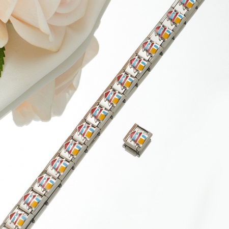 Picture of 1 Piece 304 Stainless Steel Italian Charm Links For DIY Bracelet Jewelry Making Silver Tone Rectangle House Enamel 10mm x 9mm