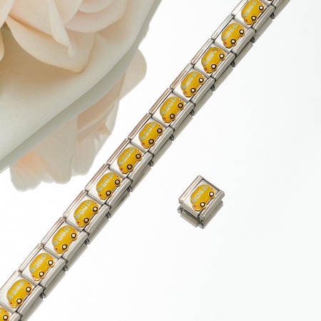 Picture of 1 Piece 304 Stainless Steel Italian Charm Links For DIY Bracelet Jewelry Making Silver Tone Yellow Rectangle Car Enamel 10mm x 9mm