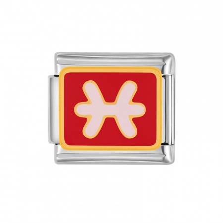Picture of 1 Piece 304 Stainless Steel Italian Charm Links For DIY Bracelet Jewelry Making Silver Tone Red Rectangle Pisces Sign Of Zodiac Constellations Enamel 10mm x 9mm