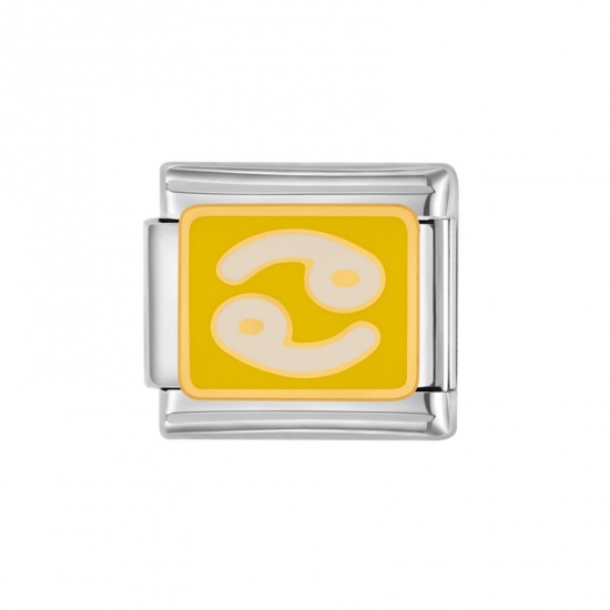 Picture of 1 Piece 304 Stainless Steel Italian Charm Links For DIY Bracelet Jewelry Making Silver Tone Yellow Rectangle Cancer Sign Of Zodiac Constellations Enamel 10mm x 9mm
