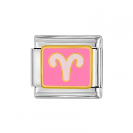 Picture of 1 Piece 304 Stainless Steel Italian Charm Links For DIY Bracelet Jewelry Making Silver Tone Pink Rectangle Aries Sign Of Zodiac Constellations Enamel 10mm x 9mm