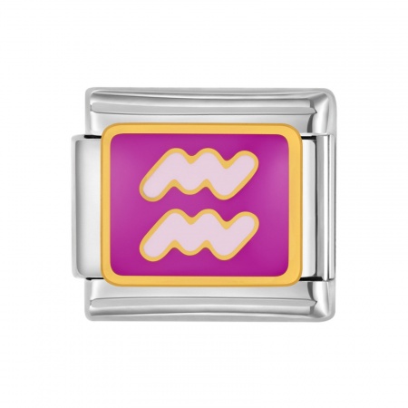 Picture of 1 Piece 304 Stainless Steel Italian Charm Links For DIY Bracelet Jewelry Making Silver Tone Dark Purple Rectangle Aquarius Sign Of Zodiac Constellations Enamel 10mm x 9mm