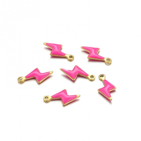 10 個 304ステンレス鋼 チャーム 稲光 金メッキ フクシア色 両面エナメルスパンコール 10mm x 5mm、 の画像